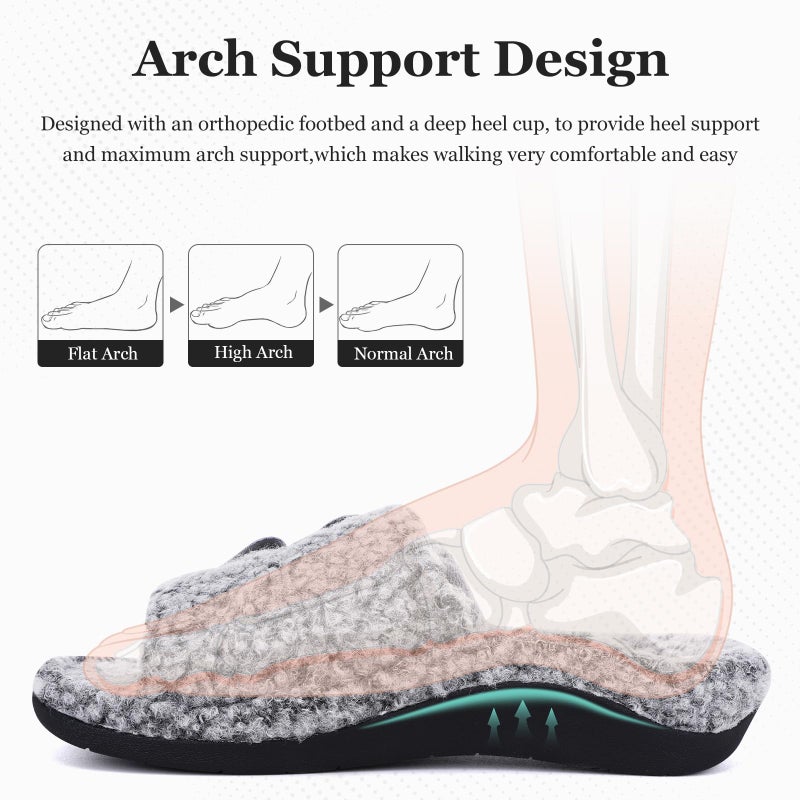 ERGOfoot Fuzzy House Slippers with Arch Support for Women Men, Orthopedic Slide Slippers for Plantar Fasciitis Open Toe Indoor House Shoes with Adjustable Straps, Foot Pain Relief/Grey - Image 3