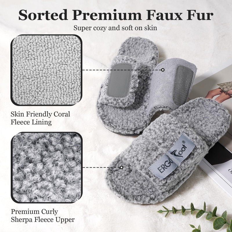 ERGOfoot Fuzzy House Slippers with Arch Support for Women Men, Orthopedic Slide Slippers for Plantar Fasciitis Open Toe Indoor House Shoes with Adjustable Straps, Foot Pain Relief/Grey - Image 4