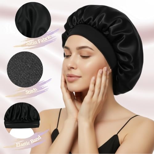 AILONSHAWN 2 Pack Black Silk Bonnet for Sleeping Women Satin Hair Bonnet for Sleeping Curly Hair Men Large Silk Night Cap Satin Sleep Bonnets - Image 3