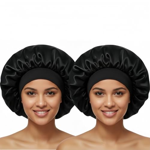 AILONSHAWN 2 Pack Black Silk Bonnet for Sleeping Women Satin Hair Bonnet for Sleeping Curly Hair Men Large Silk Night Cap Satin Sleep Bonnets - Image 1