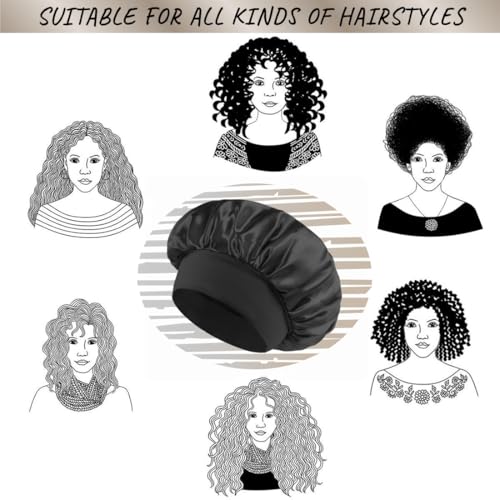 AILONSHAWN 2 Pack Black Silk Bonnet for Sleeping Women Satin Hair Bonnet for Sleeping Curly Hair Men Large Silk Night Cap Satin Sleep Bonnets - Image 4