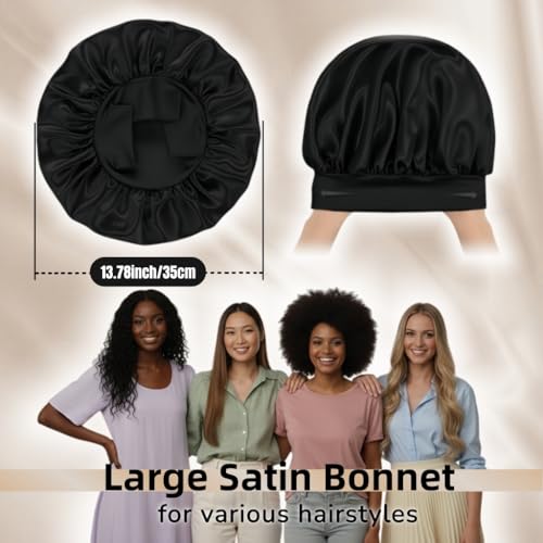 AILONSHAWN 2 Pack Black Silk Bonnet for Sleeping Women Satin Hair Bonnet for Sleeping Curly Hair Men Large Silk Night Cap Satin Sleep Bonnets - Image 2