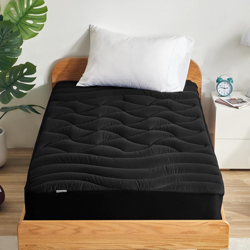 SLEEP ZONE وسادة مرتبة توأم مبردة من سليب زون لسرير فردي، غطاء وسادة مرتبة مبرد بمناطق متمي��ة، حماية مرتبة سميكة ومبطنة قابلة للتنفس والغسل، جيب عميق 8-21 بوصة (أسود، توأم) - Image 1