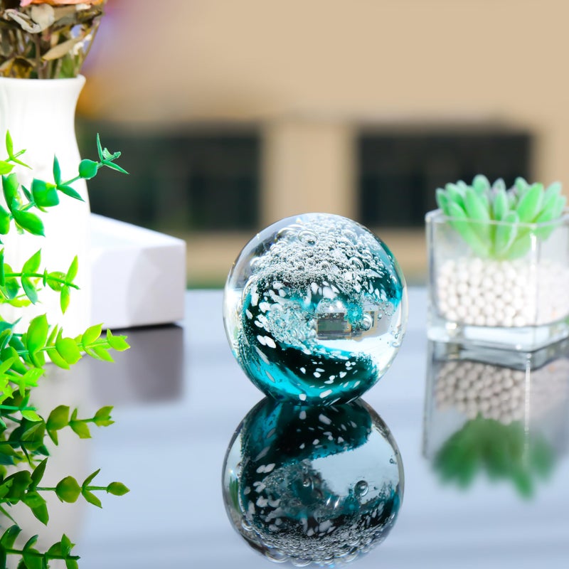 Qianwei Hand Blown Ocean Waves Crystal Ball - Glass Collectible Figurines Spere - Paperweight Glass Ball Aquarium DecorOffice Decor Ocean Lovers - Image 4