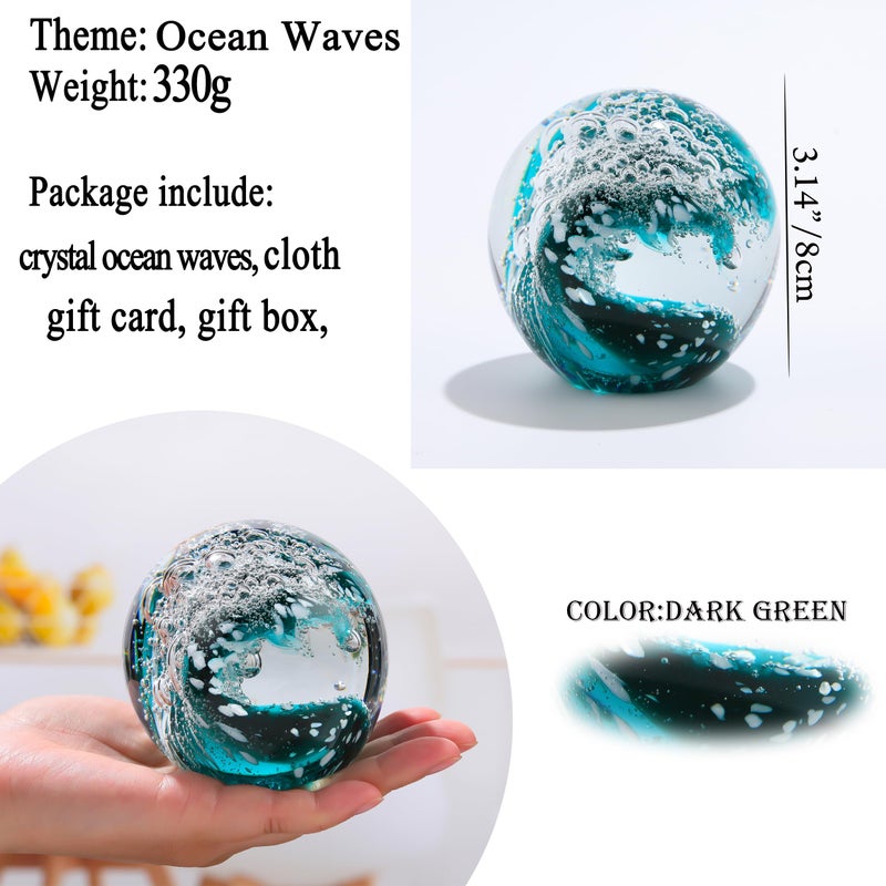 Qianwei Hand Blown Ocean Waves Crystal Ball - Glass Collectible Figurines Spere - Paperweight Glass Ball Aquarium DecorOffice Decor Ocean Lovers - Image 2