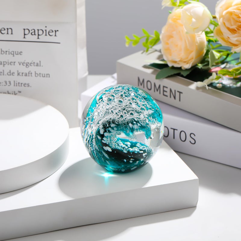 Qianwei Hand Blown Ocean Waves Crystal Ball - Glass Collectible Figurines Spere - Paperweight Glass Ball Aquarium DecorOffice Decor Ocean Lovers - Image 5