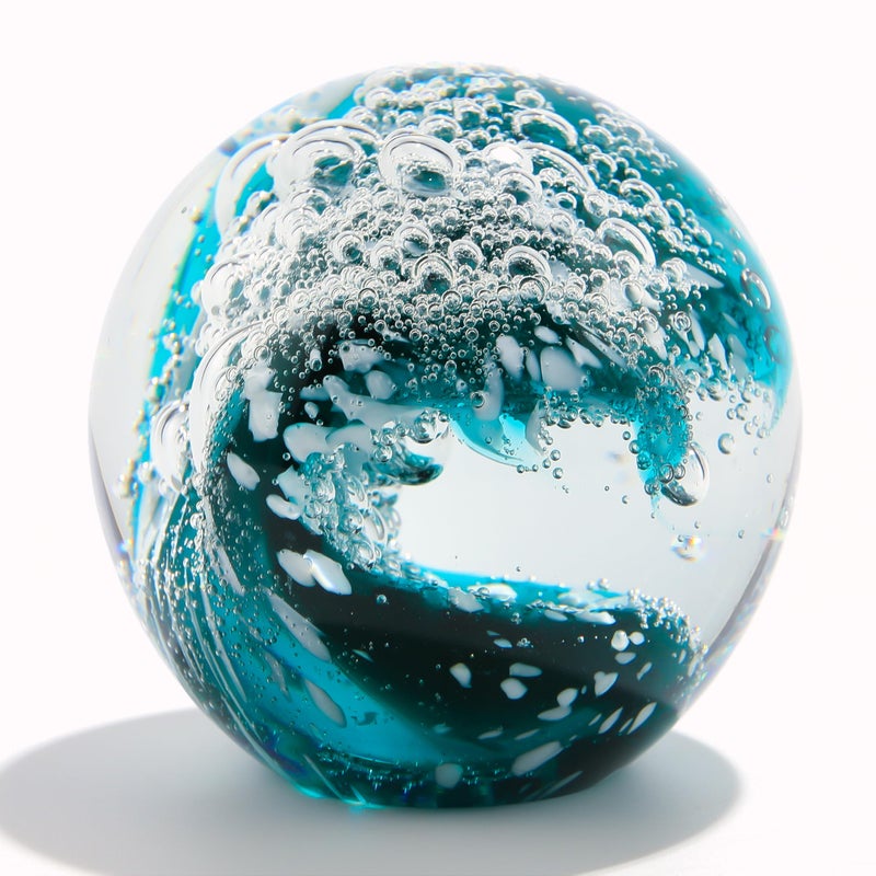 Qianwei Hand Blown Ocean Waves Crystal Ball - Glass Collectible Figurines Spere - Paperweight Glass Ball Aquarium DecorOffice Decor Ocean Lovers - Image 1