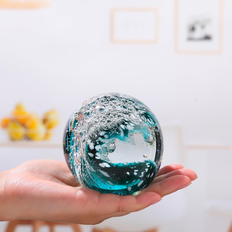 Qianwei Hand Blown Ocean Waves Crystal Ball - Glass Collectible Figurines Spere - Paperweight Glass Ball Aquarium DecorOffice Decor Ocean Lovers - Image 3