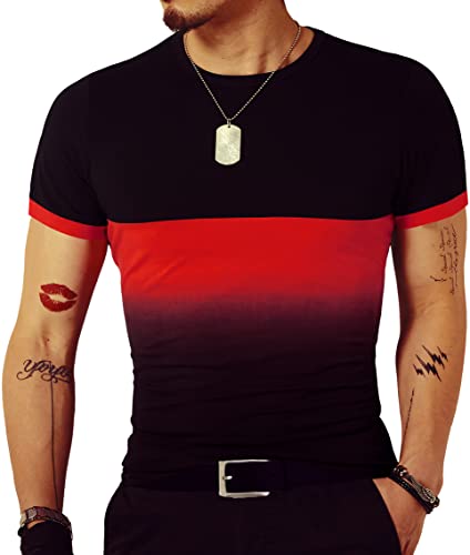 LOGEEYAR Mens Slim Fit T-Shirt Contrast Color Tee Gradient Stitching Short-Sleeve Cotton Tops Red - Image 1