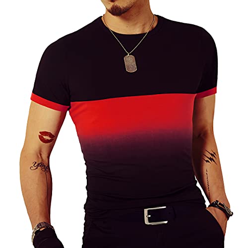 LOGEEYAR Mens Slim Fit T-Shirt Contrast Color Tee Gradient Stitching Short-Sleeve Cotton Tops Red - Image 2