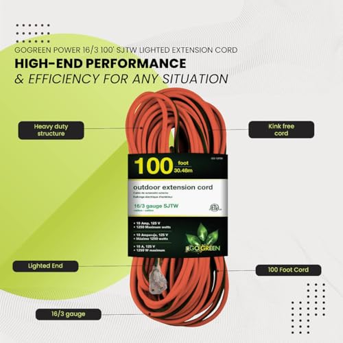 Power By GoGreen Go Green Power Inc. 16/3 100ft Outdoor Extension Cord - Heavy Duty, Lighted End, Contractor Grade SJTW Cable - Moisture & Abrasion Resistant - GG-13700 - Image 5