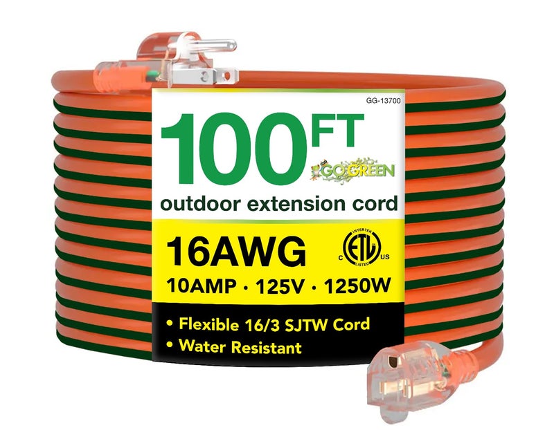 Power By GoGreen Go Green Power Inc. 16/3 100ft Outdoor Extension Cord - Heavy Duty, Lighted End, Contractor Grade SJTW Cable - Moisture & Abrasion Resistant - GG-13700 - Image 1