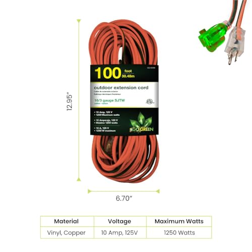 Power By GoGreen Go Green Power Inc. 16/3 100ft Outdoor Extension Cord - Heavy Duty, Lighted End, Contractor Grade SJTW Cable - Moisture & Abrasion Resistant - GG-13700 - Image 2