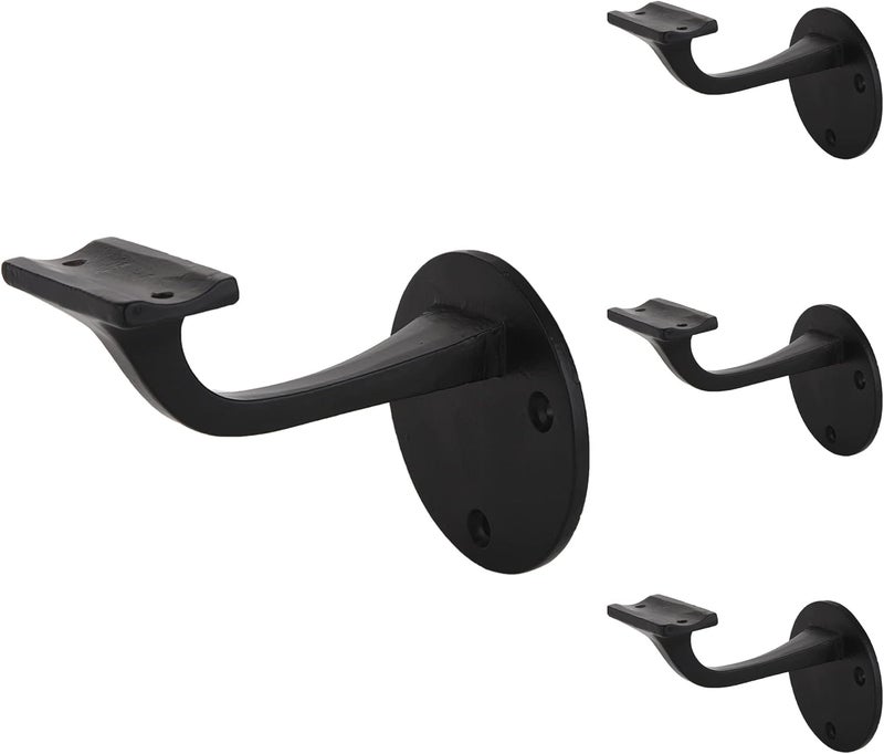 A29 Set of 4 Heavy Duty Metal Handrail Brackets - Cast Iron Hand Railing Brackets for Stairs - Black Powder Coat Steel Banister Support for Indoor, Outdoor Stairway Mounting Hardware Included - Image 1