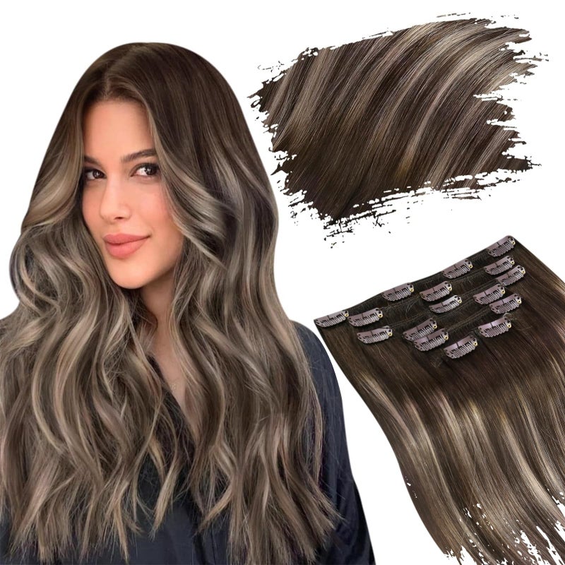 Ugeat Balayage Clip in Hair Extensions 22 Inch Double Weft Human Hair Extensions Clip ins Dark Brown Human Hair Clip in Extensions Ash Brown Ombre 7Pcs 120G 4184
