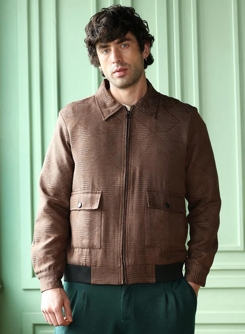 Campus Sutra Men Geometric-Jacquard Zip-Front Jacket | Point Collar, Long Button-Cuff Sleeves | Zipper , Ribbed-Straight Hem | Solid Jacquard | Woven Fabric For Casual & Daily Wear | Mocha Brown