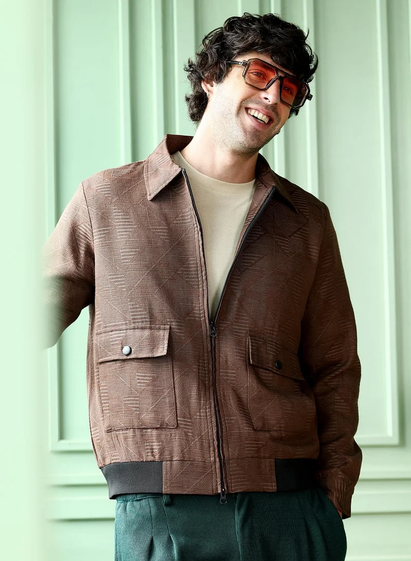 Campus Sutra Men Geometric-Jacquard Zip-Front Jacket | Point Collar, Long Button-Cuff Sleeves | Zipper , Ribbed-Straight Hem | Solid Jacquard | Woven Fabric For Casual & Daily Wear | Mocha Brown
