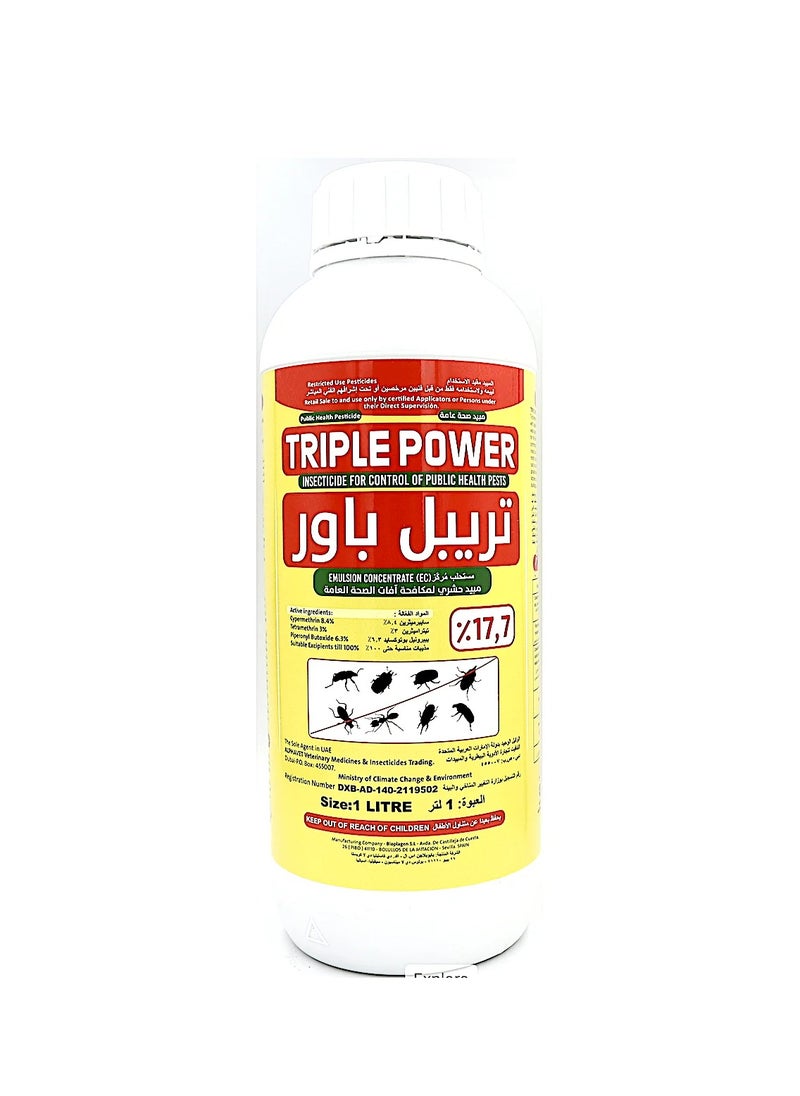 Generic - TRIPLE POWER is a Potent Insecticide Designed for Public Health and Household use. It Combines Three Active Ingredients Cypermethrin 8.4%Tetramethrin 3% and Piperonyl Butoxide 6.3% to Provide Effective Control Against a Broad Spectrum of Pests Including Aphids Mosquitoes Cockroaches Flies Ants and More. - Image 1