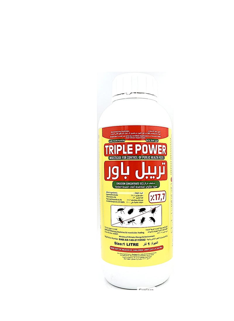 Generic - TRIPLE POWER is a Potent Insecticide Designed for Public Health and Household use. It Combines Three Active Ingredients Cypermethrin 8.4%Tetramethrin 3% and Piperonyl Butoxide 6.3% to Provide Effective Control Against a Broad Spectrum of Pests Including Aphids Mosquitoes Cockroaches Flies Ants and More. - Image 1