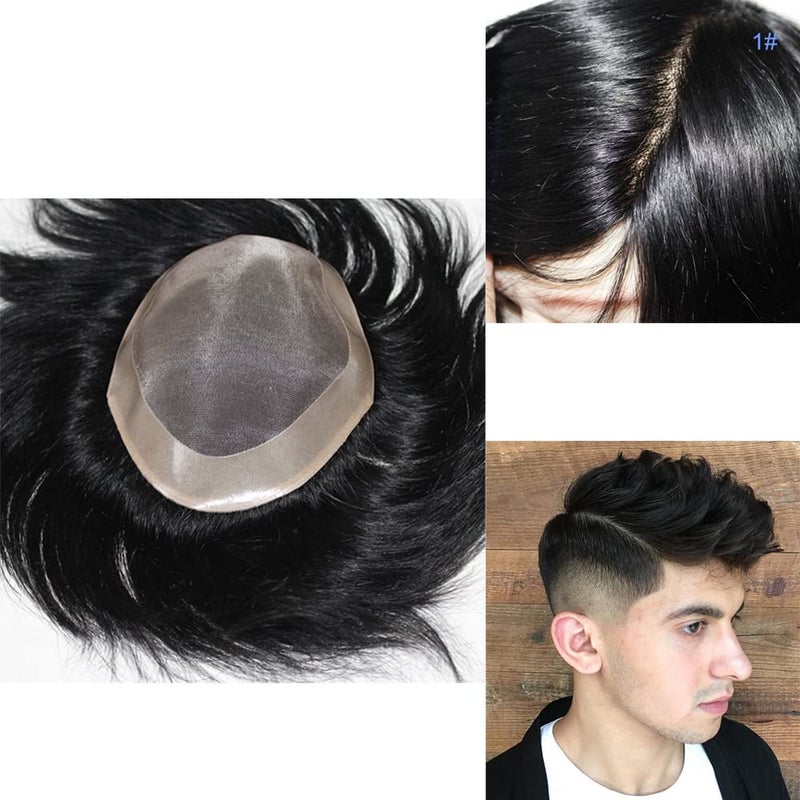 lumeng Wigs for Mens Toupee Hair Replacement System Mono Lace With Npu Reinforce Lace Systems Size 6x8 Inch 6 Inch Length Color 1 Hair Unit