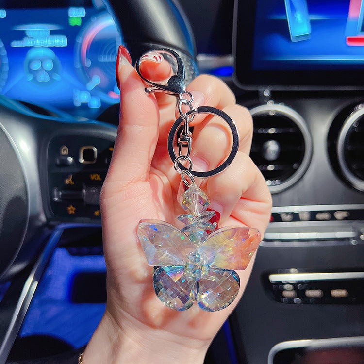 Crystal Butterfly car keychain exquisite ladies key chain personality simple car key pendant cute gift Ink Blue