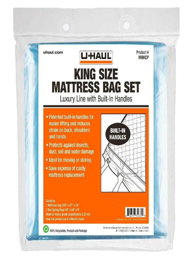 U-Haul U-Haul Deluxe King Mattress and Box Spring Bag Set - Moving and Storage Protection Cover - 2.25 Mil - Includes 1 Mattress Bag, 2 Box Spring Bags 