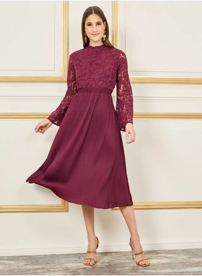 ستايلي Lace Detail Pleated Hem A-Line Midi Dress