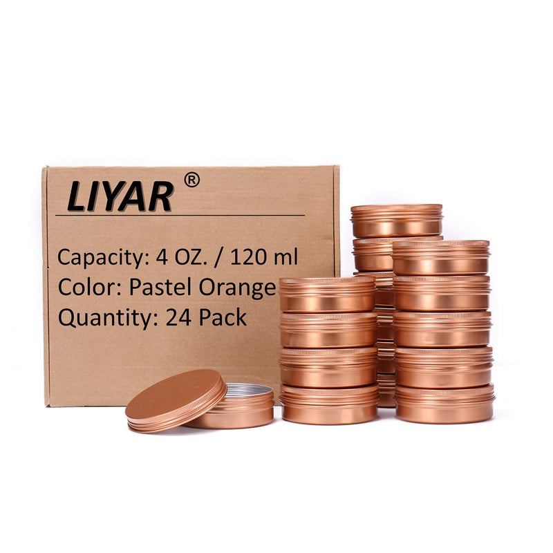 LIYAR 4oz Cans Tin Aluminum Metal Tin 24 Pack Metal Container Jars Aluminum Round Tins with Screw Lids for Salve Spices or CandiesPastel Orange