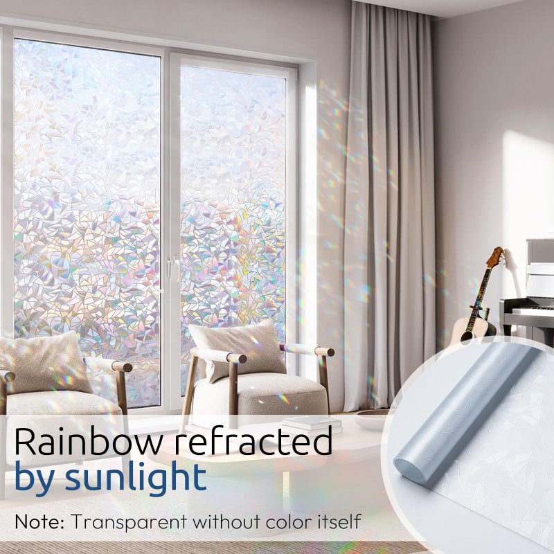 rabbitgoo Window Privacy Film Rainbow Film Decorative Window Sticker, 3D Static Stained Glass Cling Tint for Home Heat Control Non-Adhesive, 23.6 x 78.7 inches - Image 2