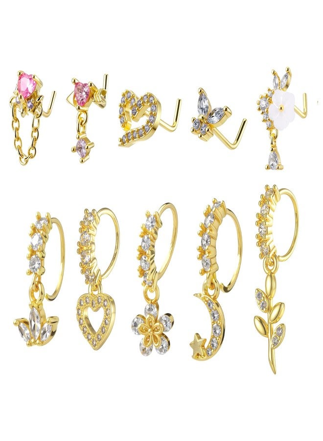 Yolev 10 Pcs Dangle Nose Rings Hoop For Women 20g Gold Dangling Nose Ring and L Shaped Noses Stud With Charm Indian Piercing Jewelry - Image 1