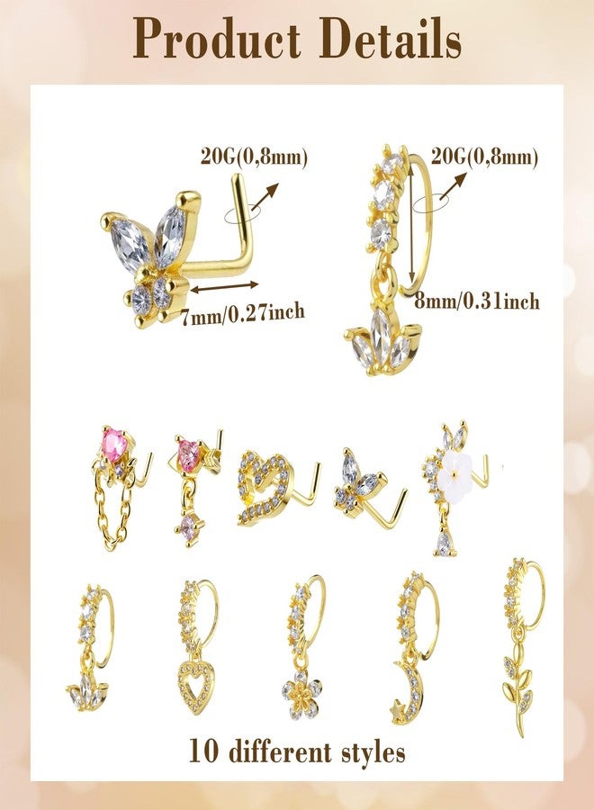 Yolev 10 Pcs Dangle Nose Rings Hoop For Women 20g Gold Dangling Nose Ring and L Shaped Noses Stud With Charm Indian Piercing Jewelry - Image 2