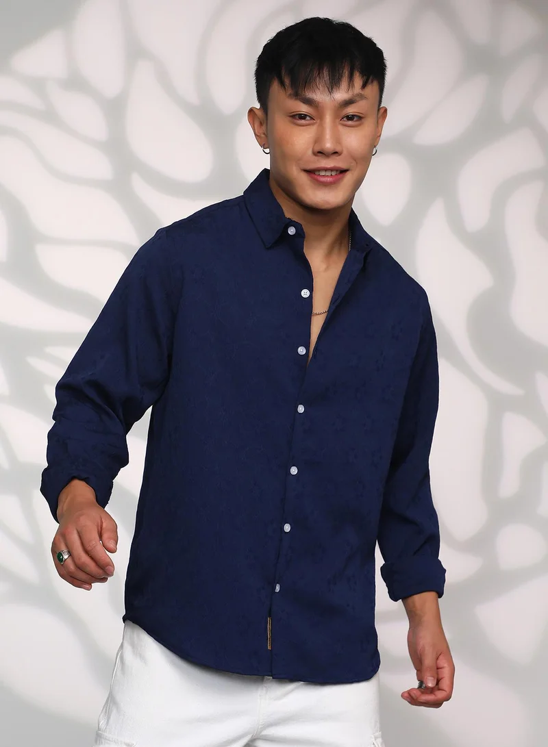 Campus Sutra Men's Navy Blue Floral-Textured Shirt