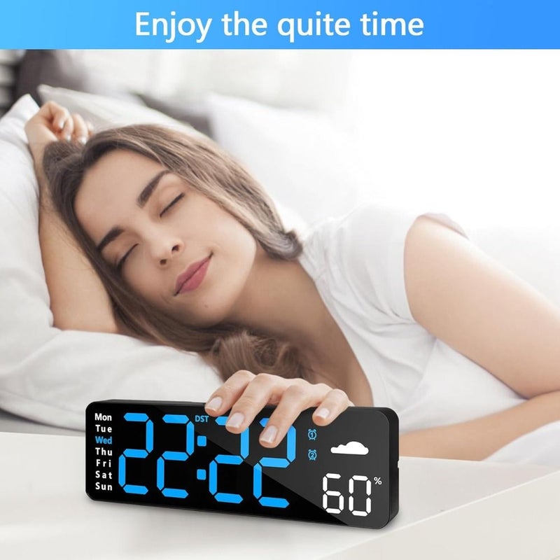 Digital Wall Clock With Remote Control Large Display Plug In Led Digital Alarm Clocks 12 24 Hr Date Week Dst Timing Countdown Temperature For Living Room Bedroom Office Blue - Image 3