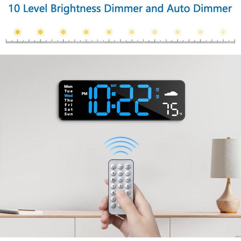 Digital Wall Clock With Remote Control Large Display Plug In Led Digital Alarm Clocks 12 24 Hr Date Week Dst Timing Countdown Temperature For Living Room Bedroom Office Blue - Image 2
