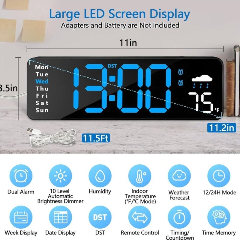 Digital Wall Clock With Remote Control Large Display Plug In Led Digital Alarm Clocks 12 24 Hr Date Week Dst Timing Countdown Temperature For Living Room Bedroom Office Blue - Image 4