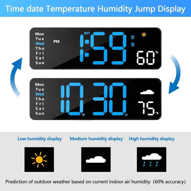 Digital Wall Clock With Remote Control Large Display Plug In Led Digital Alarm Clocks 12 24 Hr Date Week Dst Timing Countdown Temperature For Living Room Bedroom Office Blue - Image 5