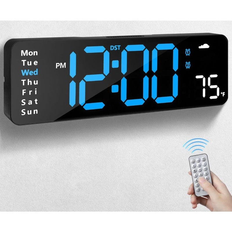 Digital Wall Clock With Remote Control Large Display Plug In Led Digital Alarm Clocks 12 24 Hr Date Week Dst Timing Countdown Temperature For Living Room Bedroom Office Blue - Image 1