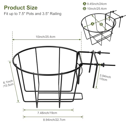 TQVAI 10 Inch Railing Planter - Fit for 1.5 to 3.5 Inches Railing - Adjustable Hanging Planters Outdoor Balcony Deck Flower Pot Holder Metal Baskets for Garden Orchid, Patio Ledge, 3 Pack, Black - Image 3