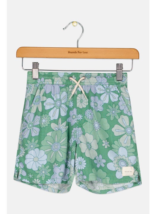 Kids Boy Floral Pattern Board Shorts, Green Combo