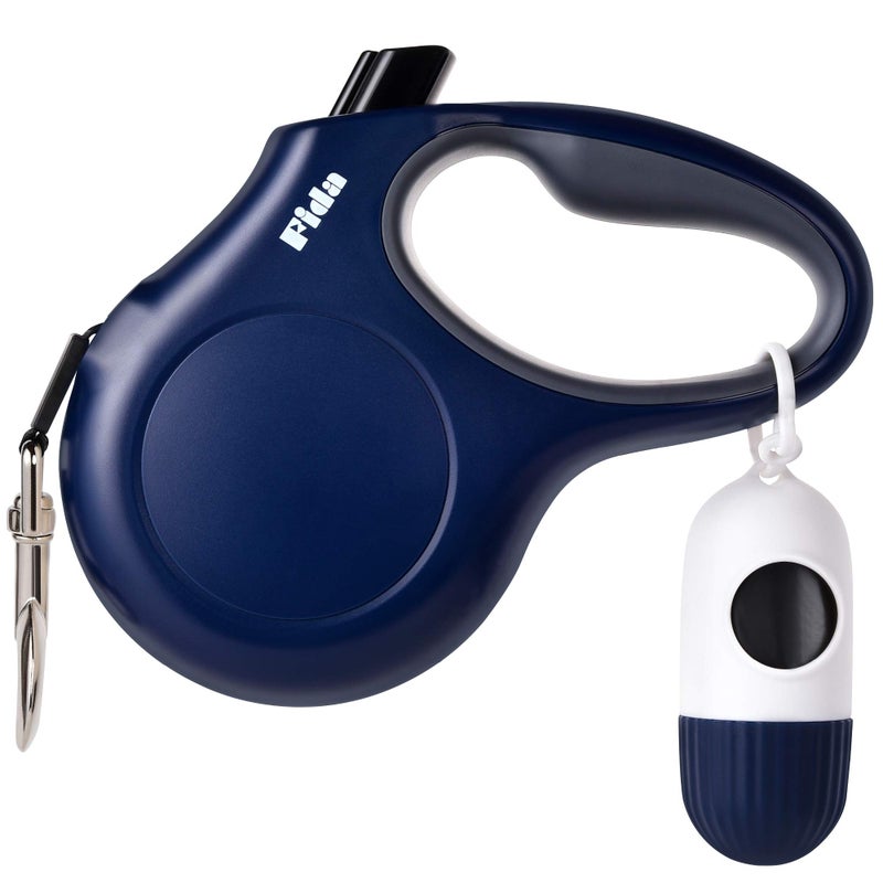 Fida Retractable Dog Leash with Dispenser and Poop Bags 16 ft Pet Walking Leash for Medium Dog or Cat up to 44 lbs AntiSlip Handle Tangle Free Reflective Nylon Tape M Navy Blue