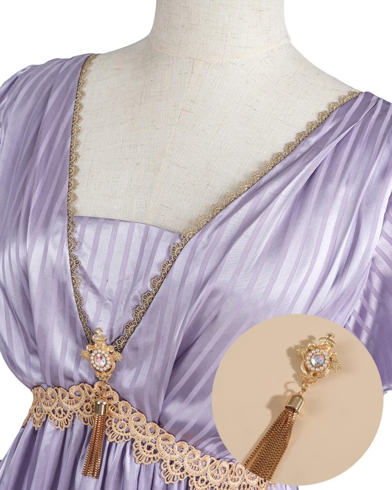 Nuoqi Regency Dresses for Women 1800s Victorian Dress Empire Waist Ball Gown with Gloves Purple, L - Image 4
