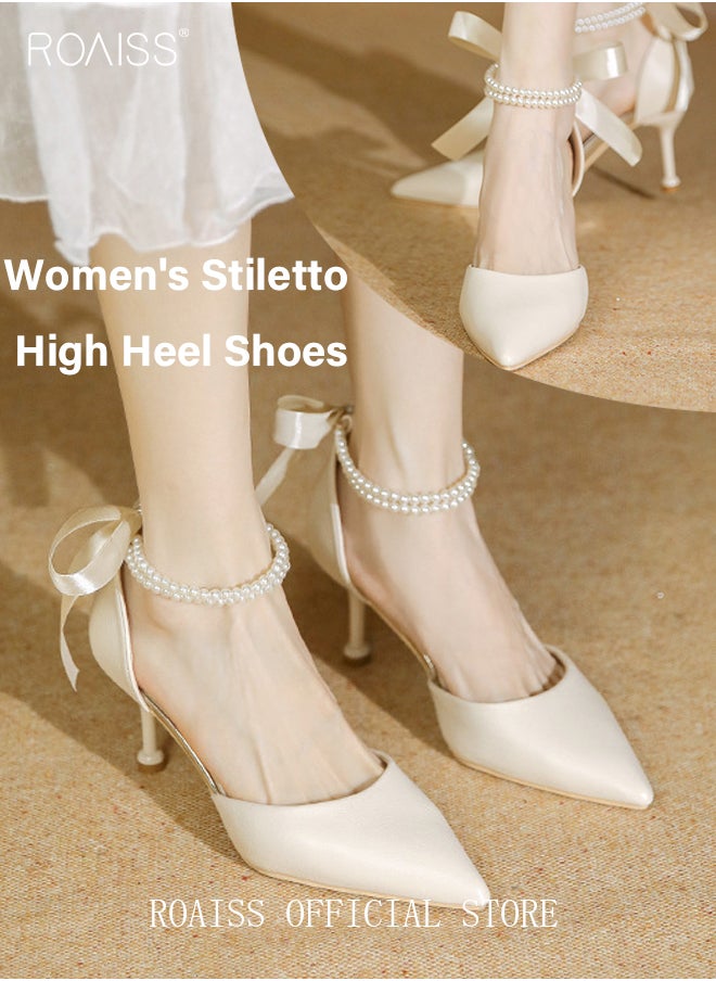 Women High Heels with Pearl Strap Pointed Toe Shallow Design Fashionable and Versatile for Daily Commuting