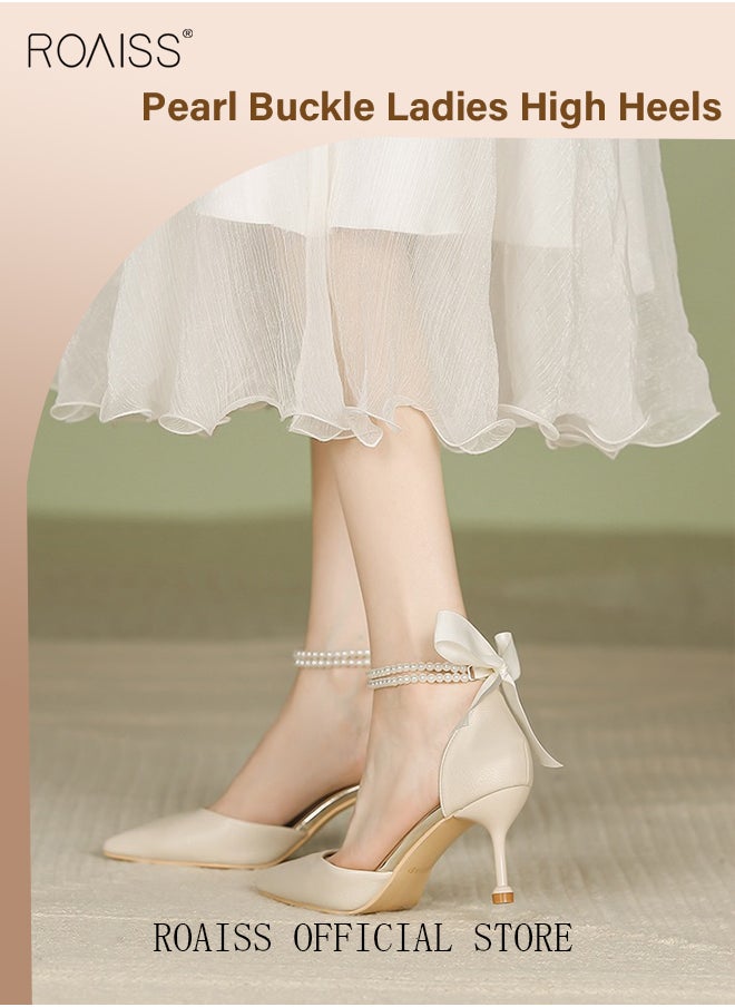 Women High Heels with Pearl Strap Pointed Toe Shallow Design Fashionable and Versatile for Daily Commuting