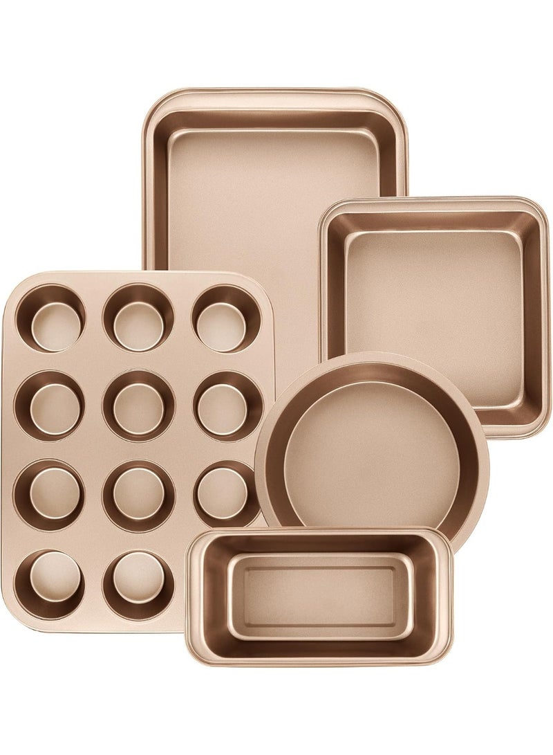 Nonstick Baking Pans Set, 5-Piece Kitchen Baking Sheets for Oven, Bakeware Sets with Round/Square Cake Pan, Muffin Pan, Loaf Pan, Roast Pan, Cookie Sheet Set Baking Supplies (Champagne Gold) - Image 2