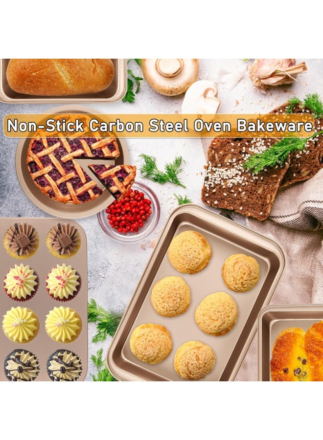 Nonstick Baking Pans Set, 5-Piece Kitchen Baking Sheets for Oven, Bakeware Sets with Round/Square Cake Pan, Muffin Pan, Loaf Pan, Roast Pan, Cookie Sheet Set Baking Supplies (Champagne Gold) - Image 3