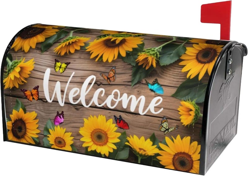 Identiy Mailbox Covers Magnetic Standard Size,Sunflowers Butterfly on Rustic Wooden Board Spring Summer Welcome Magnetic Mailbox Covers for Holiday Garden Yard Outside Decor 18"x21" - Image 1