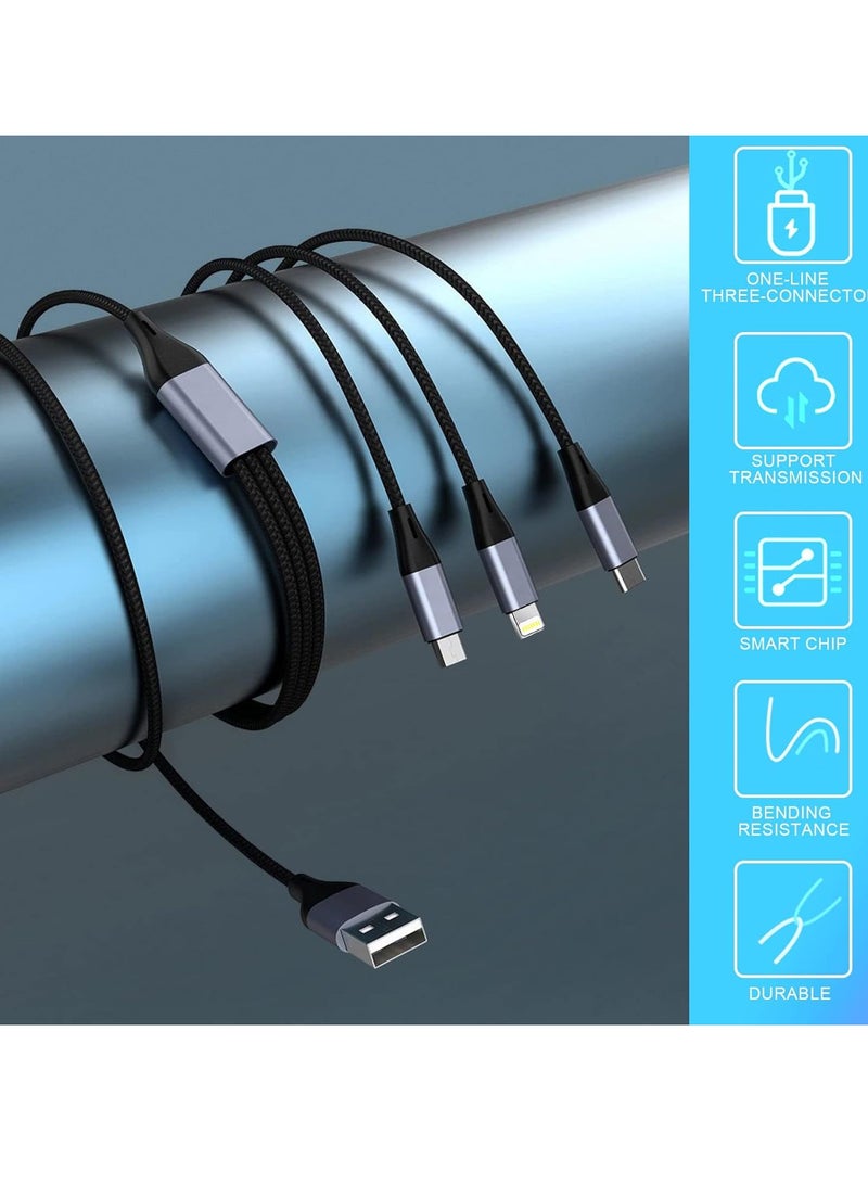 3 in 1 USB Phone Charger Cable Fast Braided Nylon Unbreakable Charging Cable Universal Multiple Ports Charging Cord with USB C/Micro USB/IOS Connector for Phones