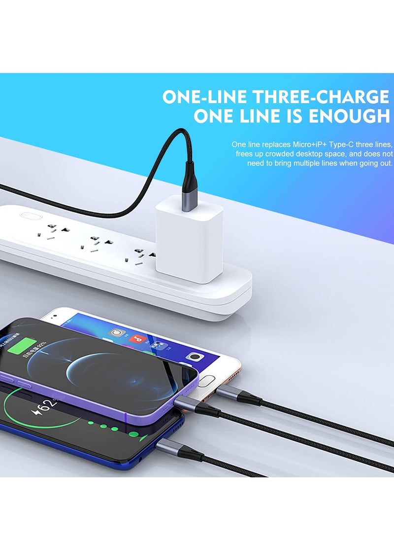 3 in 1 USB Phone Charger Cable Fast Braided Nylon Unbreakable Charging Cable Universal Multiple Ports Charging Cord with USB C/Micro USB/IOS Connector for Phones