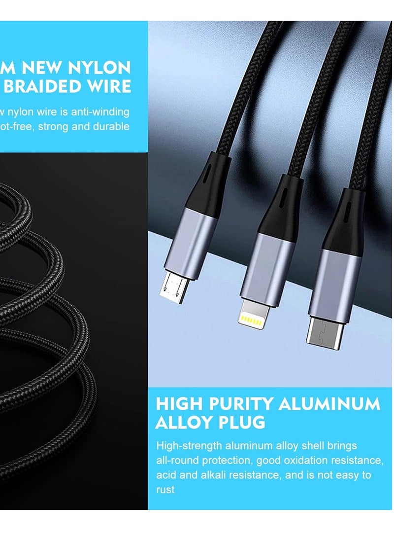 3 in 1 USB Phone Charger Cable Fast Braided Nylon Unbreakable Charging Cable Universal Multiple Ports Charging Cord with USB C/Micro USB/IOS Connector for Phones