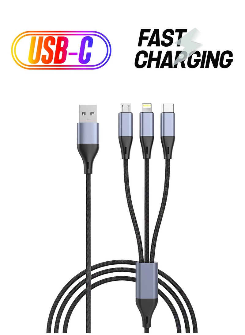 3 in 1 USB Phone Charger Cable Fast Braided Nylon Unbreakable Charging Cable Universal Multiple Ports Charging Cord with USB C/Micro USB/IOS Connector for Phones
